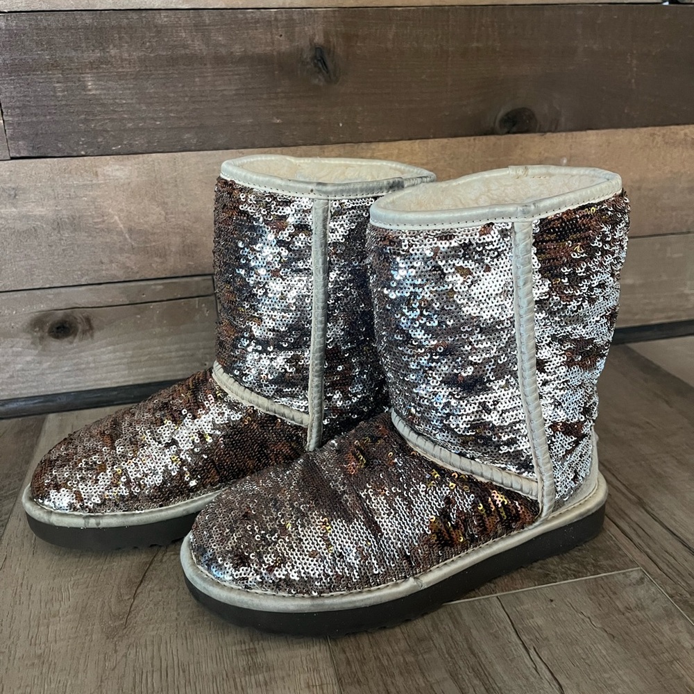 Rose gold disco, festival, glam sequence short Ugg boots.